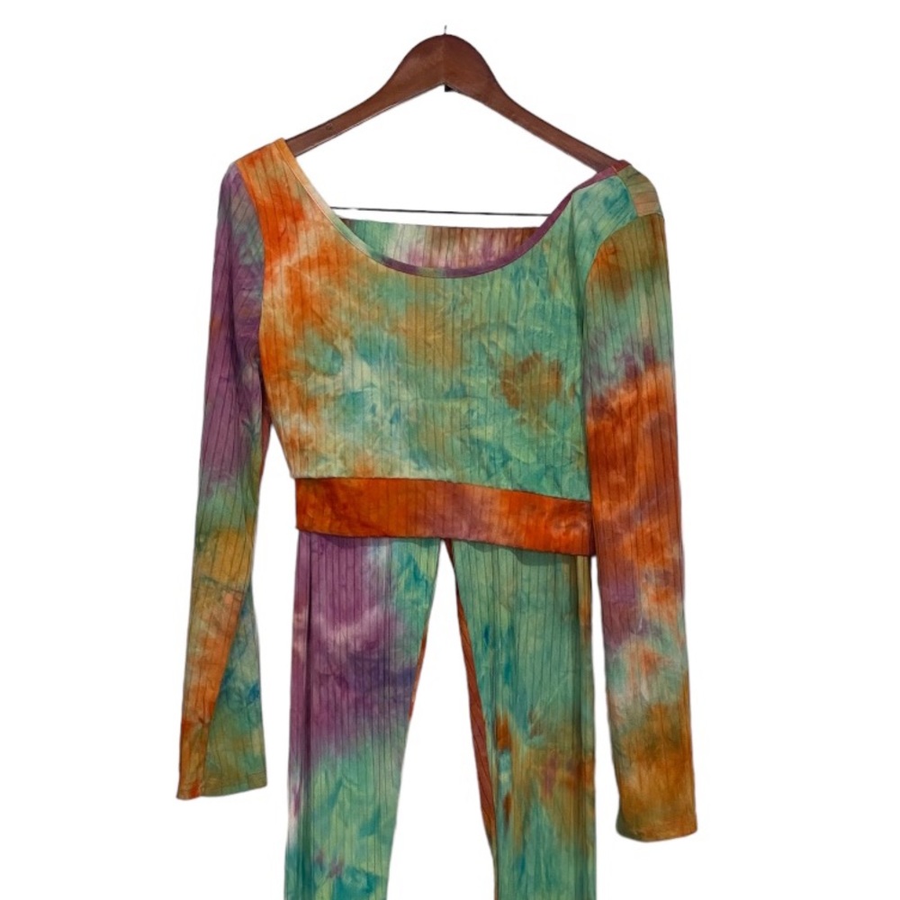 Ellie & Kate Crop Top & Leggings Sweatsuit Set Tie Dye Women’s Large Rainbow - Picture 12 of 13